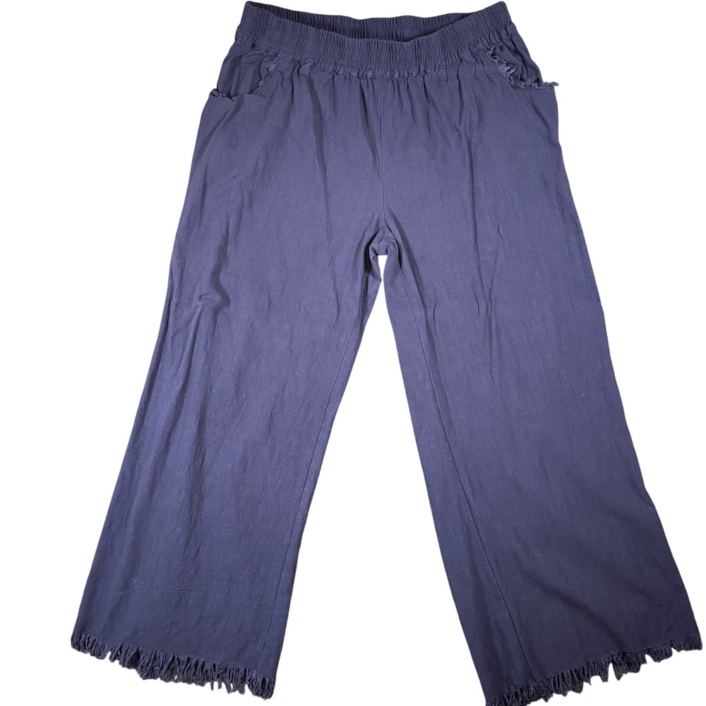 Umgee USA Womens Pants XL Blue Linen Blend Wide Leg Frayed Hem Boho Festival